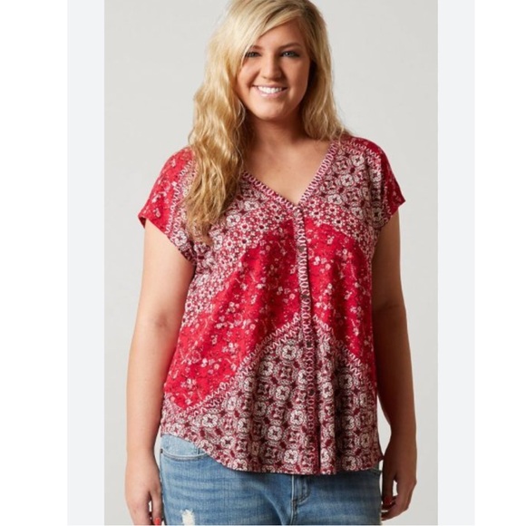 NWT Lucky Brand Bali Ditzy Colorful Red Paisley Printed Henley Short Sleeve Top - Picture 8 of 8